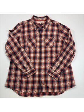 CB Shirt Women's 1X Red Plaid Cotton Button Up Roll-tab Sleeve Western Workwear